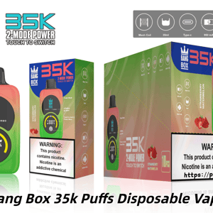 Vape jetable Bang Box 35k avec corps dégradé arc-en-ciel et emballage vert, alimentation 2 modes et saveur fraise pastèque.