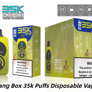 Vape jetable Bang Box 35k jaune vif avec un embout noir, illustré avec une alimentation à deux modes et un emballage vert.