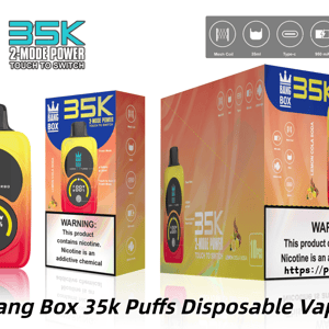 Vape jetable Bang Box 35K jaune vif avec logo couronne, illustré à côté de boîtes d'emballage colorées et d'une étiquette d'avertissement de nicotine.