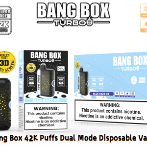 Vape jetable Bang Box Turbo en bleu/noir, 42 000 bouffées, bi-mode, 28 ml, 750 mAh, présentée avec son packaging.