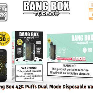 Vape jetable Bang Box Turbo avec appareil turquoise et boîte noire, 42K bouffées, écran incurvé 3D, saveur pastèque myrtille.