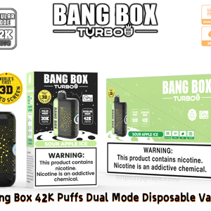 Vape jetable bimode Bang Box Turbo avec emballage noir et vert, 42 000 bouffées, glace à la pomme aigre.