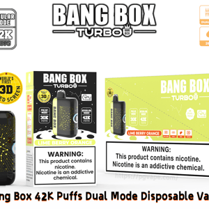 Vape jetable Bang Box Turbo vert citron et noir avec 42 000 bouffées, illustrée à côté d'un emballage orange citron vert et d'un badge à écran incurvé 3D.