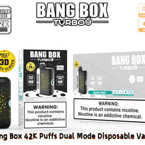 Vape jetable Bang Box Turbo Miami Mint dans un emballage noir, double mode, 42 000 bouffées, 28 ml, 750 mAh, dotée d'un badge d'écran incurvé 3D.