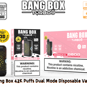 Vape jetable bimode Bang Box Turbo dans de la glace à la pastèque, appareil rose présenté avec le marquage d'emballage 42 000 bouffées.