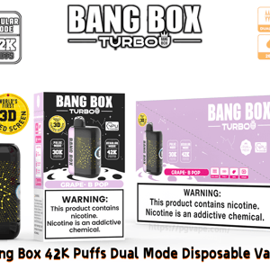 Vape jetable Bang Box Turbo avec 42 000 bouffées, appareil noir-rose à côté de la boîte violette Grape-B Pop avec écran incurvé 3D.