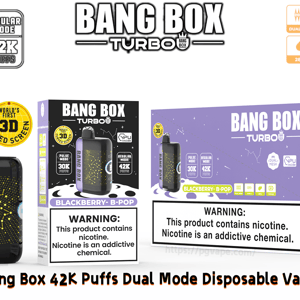 Vape jetable Bang Box Turbo avec dispositif violet bimode 42 000 bouffées; à côté d'un emballage noir et violet avec un autocollant d'écran incurvé 3D.