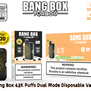 Vape jetable bimode Bang Box Turbo en orange-noir avec un circuit en pointillés, 42 000 bouffées, saveur fraise pastèque.