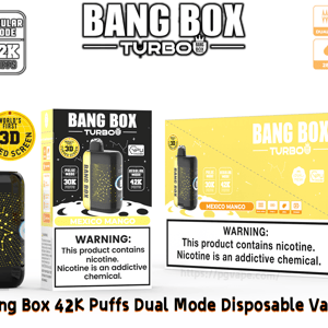 Vape jetable Bang Box Turbo au goût de mangue du Mexique avec un appareil noir-jaune à côté de l'emballage montrant 42 000 bouffées et des fonctionnalités bimode.