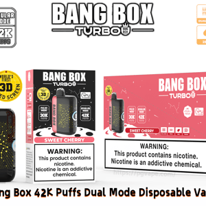 Vape jetable Bang Box Turbo Sweet Cherry dans un emballage rose/noir, double mode (Pulse/Regular), jusqu'à 42 000 bouffées.