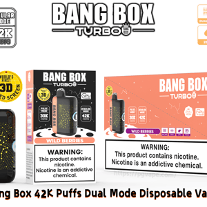 Vape jetable Bang Box Turbo avec dispositif orange à côté d'un emballage Wild Berries noir et rose, affichant les modes bouffées 30K et 42K.