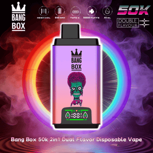 Rosa-till-lila Bang Box engångsvape med kronlogotyp och grönt zombie-ansikte, neonringbakgrund, 50k 2in1 Dual Flavor.