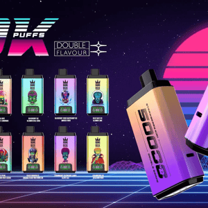 ネオンのレトロな Bang Box 広告。カラフルな VAPE ポッドが並び、50K パフの太字のテキスト、右側にそびえ立つ 2 つのグラデーション デバイスが表示されます。.