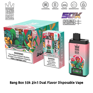Bang Box 50k デュアルフレーバーの使い捨て電子タバコは、ティールからピンクのグラデーションデバイスとカラフルな漫画のパッケージが特徴です。.