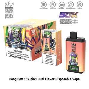 Bang Box 50k デュアルフレーバーの使い捨て電子タバコは、ドラゴンのアートワークが施されており、カラフルなボックスのパッケージと対応するデバイスが表示されています。.