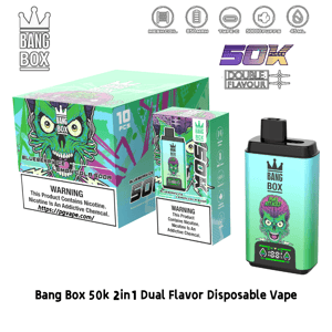 Bang Box 50k デュアルフレーバー使い捨てベイプキット: モンスターの顔のイラストとカラフルな箱入りパッケージを備えたターコイズブルーのグラデーションデバイス。.