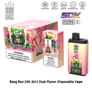 Bang Box 50k 2in1 デュアルフレーバー使い捨て電子タバコ、ピーチ ジュースとブルー ラズ レモネードのフレーバーをパッケージとデバイスとともに示します。.