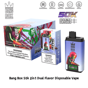 Bang Box 50k 2in1 デュアルフレーバー使い捨てベイプは、ブルーのグラデーションデバイスと Red Bull Watermelon Ice アートを特徴とするパッケージを備えています。.