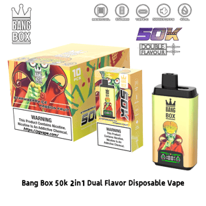 Bang Box 50K デュアルフレーバー使い捨て VAPE キットは、ストロベリーアイス パッション フルーツ、黄緑色のデバイス、鮮やかなパッケージを備えています。.