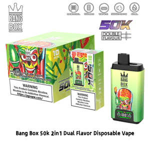 Bang Box 50k 2in1 デュアルフレーバー使い捨て電子タバコは、緑のスカルのアートワークとスイカとイチゴのパッケージが付いています。.
