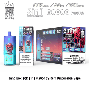 Jednorazowy zestaw do waporyzacji Bang Box 80K 3w1 z zaciągnięciami 80K o pojemności 60 ml i pojemności 850 mAh, z możliwością regulacji smaków i niebieską czaszką.