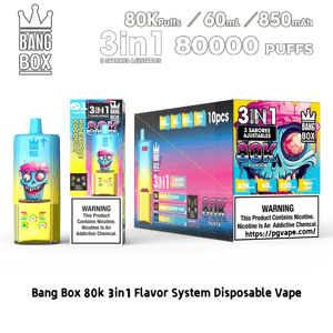 Jednorazowy zestaw do waporyzacji Bang Box 3w1 z butelką z niebieskim ananasem i kokosem oraz kolorowymi aromatami w pudełkach, 80 tys. zaciągnięć, 60 ml, 850 mAh.