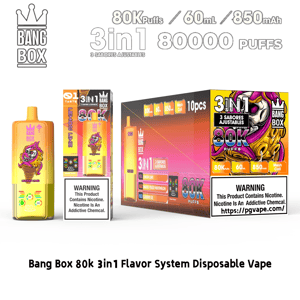 Jednorazowy zestaw do waporyzacji 3 w 1 Bang Box z 80 tys. zaciągnięć, 60 ml, butelką cytrynowo-limonkową o pojemności 850 mAh; i żywym opakowaniem.