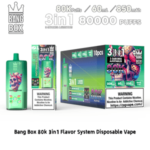 Jednorazowy waporyzator Bang Box 80K 3w1 z systemem smakowym w kolorze zielonym o smaku Watermelon Ice i trzech regulowanych smakach.
