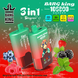 Dwa zielone jednorazowe urządzenia vape Bang King 3w1 z rysunkową małpką, jagodami i miętą, wyposażone w typ C i 850 mAh.