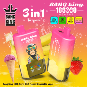 Dwa różowe gradientowe jednorazowe urządzenia vape Bang King 3w1 z maskotką małpy, tłem owoców i logo marki.