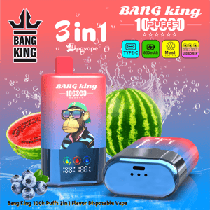 Reklama jednorazowego vape Bang King 3w1 z różową butelką gradientową, rysunkową małpką i owocami takimi jak arbuz i jagody.