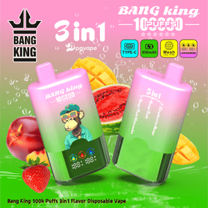 Para jednorazowych urządzeń vape 3w1 Bang King w kolorze różowo-zielonym z maskotką małpy, grafiką z owocami i funkcjami Type-C/850mAh.