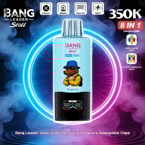 Blå engångsvapeflaska märkt Bang Leader Stoll 8 i 1 350K, Grape Ice-smak, med en seriefigur på etiketten.