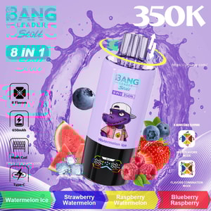 Bottiglia viola per vaporizzatore Bang Leader Støl etichettata 8 in 1 Watermelon Ice, con grafica di frutta e uno sfondo viola.