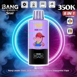 Purple Bang Leader Stoll 8-i-1 engångsvape med Cherry Cola-smak, med en tecknad krokodilmaskot mot neonringbakgrund.