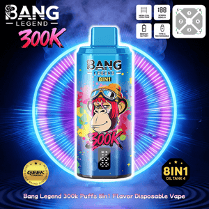 En blå Bang Legend engångsvape med en färgglad graffiti-apadesign, 8IN1 och 300K etiketter, mot en cirkulär neonbakgrund.