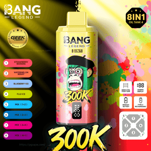 Kolorowa butelka vape Bang Legend 8IN1 z żółtą nakrętką, tłem powitalnym i listą smaków o pojemności 300 tys.; po lewej stronie.