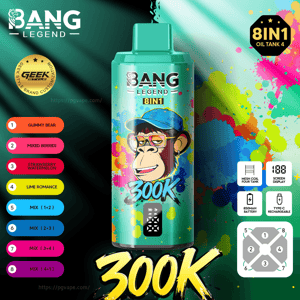 Butelka do waporyzacji Teal Bang Legend 8IN1 z grafiką 300K na kolorowym tle rozprysków farby.