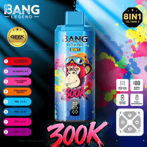 Butelka olejku do waporyzacji Blue Bang Legend 8IN1 z rysunkową małpką w goglach pośród kolorowych plam farby i listy smaków.