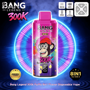 Färgglad Bang Legend 300K engångsvapeflaska med en tecknad apa i en röd mössa mot en neonring i bakgrunden.