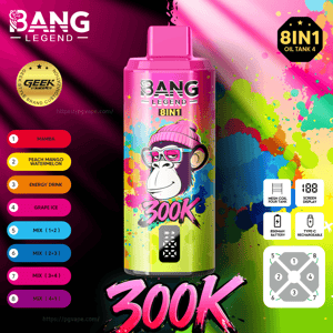 Kolorowa butelka Bang Legend 8IN1 z różową zakrętką i rysunkową małpką w okularach, tęczowymi plamami i listą smaków po lewej stronie.