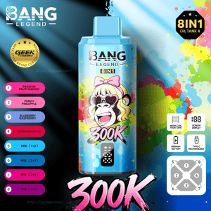 Butelka do waporyzacji Blue Bang Legend 8IN1 z rysunkową małpką w okularach przeciwsłonecznych i różową kokardką, kolorowe tło z ikonami.