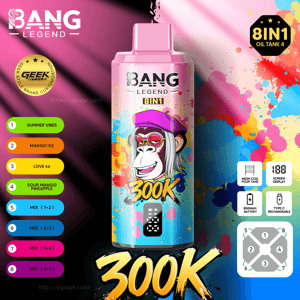 Butelka do waporyzacji Bang Legend 8IN1 z różową zakrętką i żywą grafiką, tekstem 300 tys. i listą ośmiu smaków po lewej stronie.