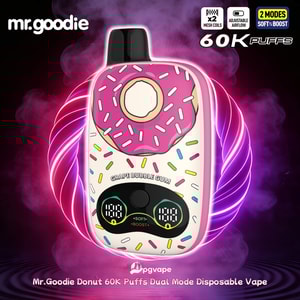 Rosa munk-tema engångsvape med strössel, svart munstycke, två gröna digitala displayer och dubbellägeskontroller.