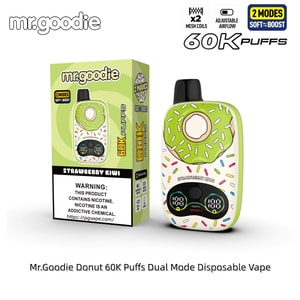 Mr. Goodie Donut 60K Puffs dual-mode engångsvape, grön strösseldesign med en munkgrafik, som visas bredvid dess låda.