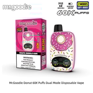 Rosa munk-tema engångsvape med strössel, visad med en rosa mr.goodie box; druvbubbelgumsmak, 60K puffar, dual-mode.