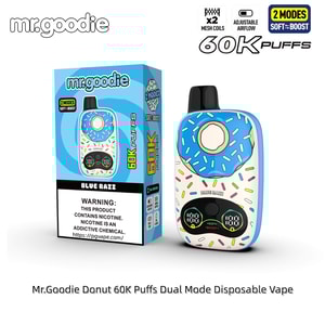 Blå munk-tema engångsvape från Mr. Goodie med strössel, visad bredvid dess blå låda; märkt Blue Razz, 60K puffar, två lägen.