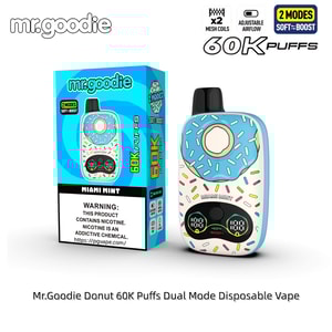 Mr.Goodie Donut 60K Puffs dual-mode engångsvape med en munkformad enhet med blå glasyr och strössel, Miami Mint-smak.