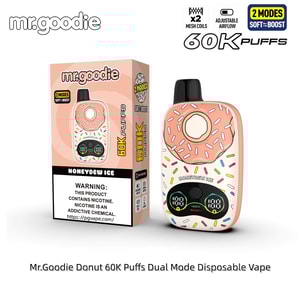 Rosa munk-tema engångsvape med strössel bredvid Mr.Goodie 60K Puffs box; dual-mode enhet med ett svart munstycke.
