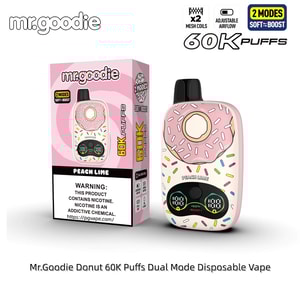 Mr. Goodie Donut 60K Puffs dual-mode engångsvape i rosa munkdesign med Peach Lime-smak och matchande låda.